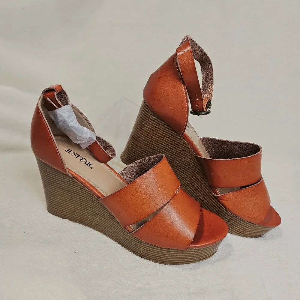 JustFab Cognac Paola Ankle Strap Platform Wedge Sandals 11 Boho Summer Dressy